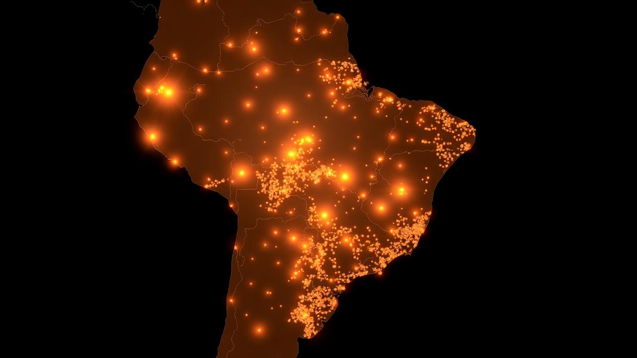 Mapa do Brasil com pontos luminosos sobre municípios